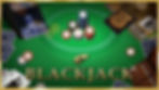 Blackjack game table with chips, cards, and dealer shoe, showcasing the classic casino setup available in Pokerrrr2 blackjack mode