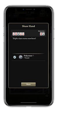 Smartphone displaying a 'Share Hand' screen from a poker game app, showing a winning hand and sharing options.