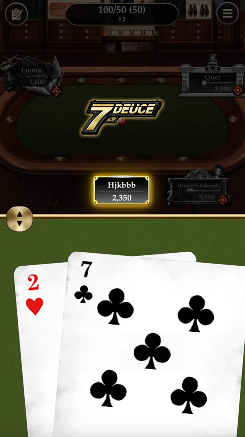 Player holding 7-2 offsuit in Pokerrrr2 during a Seven-Deuce bounty hand