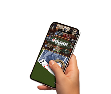 A hand holding a smartphone with a poker game app interface visible on the screen.